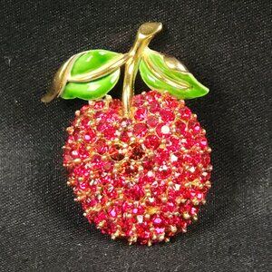 Trifari Cherry w/ Stem Ruby Red Rhinestone Brooch Pin Gold Tone Vintage Marked
